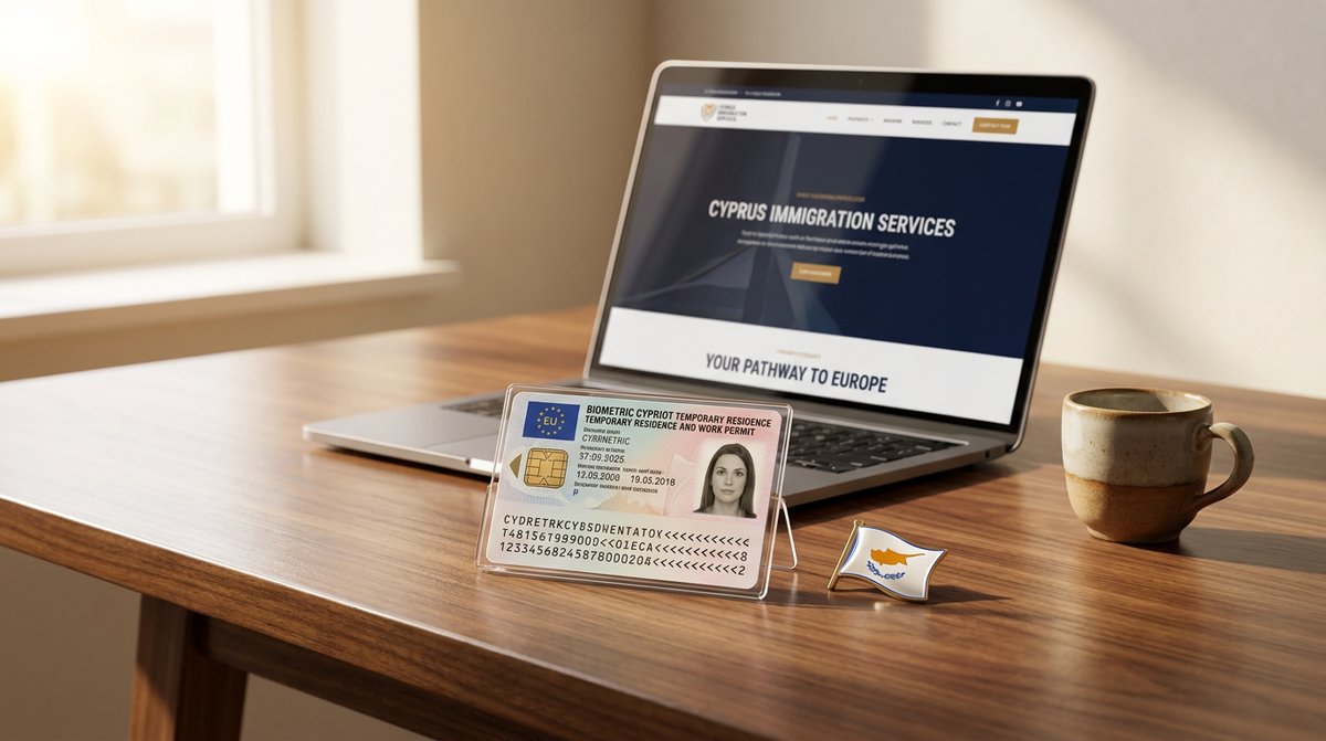 Cyprus work visa: a biometric TRWP residence and work permit card next to an open laptop on a modern office desk, Cypriot flag in the background, afternoon light.